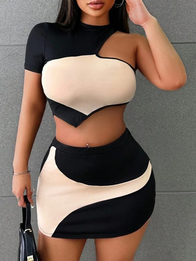 COLOR BLOCK ASSYMETRICAL TOP AND BODYCON SKIRT TWO PIECE SET 👗💋
